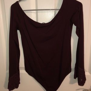 Off the shoulder burgundy bell sleeve body suit